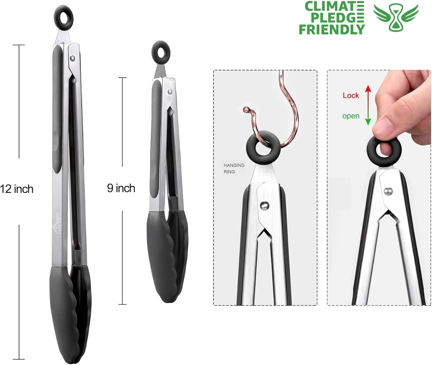 HOTEC Premium Stainless Steel Locking Kitchen Tongs with Silicon Tips, Set of 2-9" and 12" - Image 7