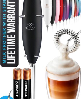 Zulay Kitchen Powerful Milk Frother Wand With Duracell Batteries - Ultra Fast Handheld Drink Mixer - Electric Whisk Foam Maker for Coffee, Lattes, Cappuccino & Matcha - Z1 Motor - Black