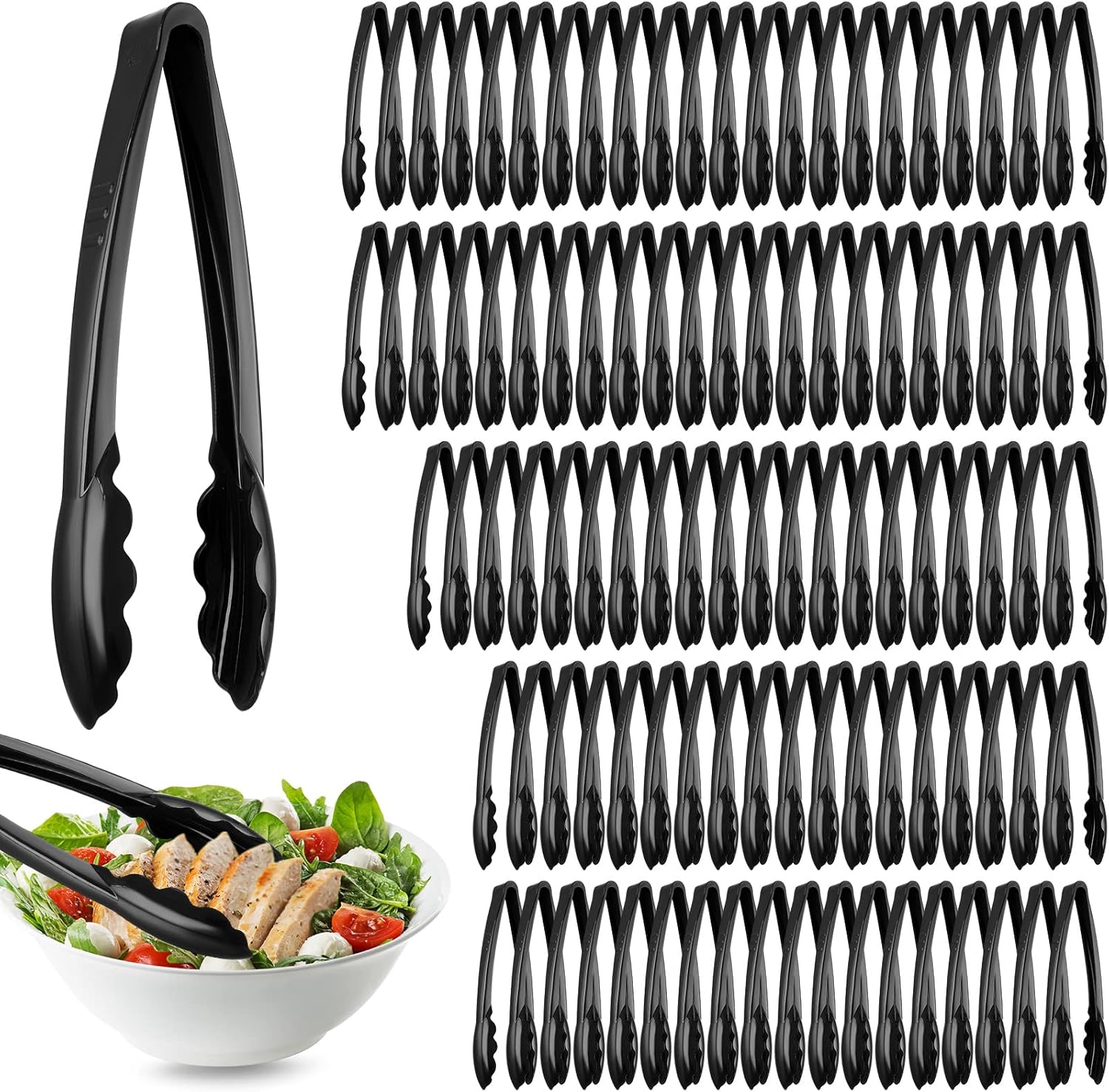 Tessco for you 100 Pcs Plastic Tongs for Serving Bulk, 9 Inch Plastic Disposable Serving Tongs, Heavy Duty Salad Tong for Kitchen, Buffet, BBQ, Events & Catering (Black)