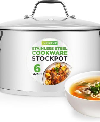 NutriChef 6-Quart Stainless Steel Stockpot – 18/8 Food Grade Heavy-Duty Induction-Compatible Pot with See-Through Lid, Ideal for Stews, Broths, Simmering & Soups, Dishwasher Safe – NCSP6