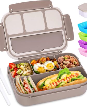 Bento Box Adult Lunch Box, Containers for Adults Men Women with 4 Compartments, Lunchable Food Container with Utensils, Sauce Jar, Muffin Liners, 40 Oz/5 Cup, Microwave & Dishwasher Safe, Brown