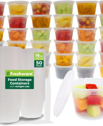 Freshware Food Storage Containers [50 Set] 16 oz Plastic Deli Containers with Lids, Slime, Soup, Meal Prep Containers | BPA Free | Stackable | Leakproof | Microwave/Dishwasher/Freezer Safe